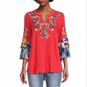 John MarkWoven Tropical Floral Print Embroidered Split Neck 3/4 Sleeve Tunic